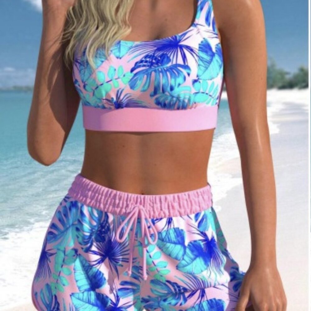 Modlily High Waisted Floral Pink Bikini Short Set